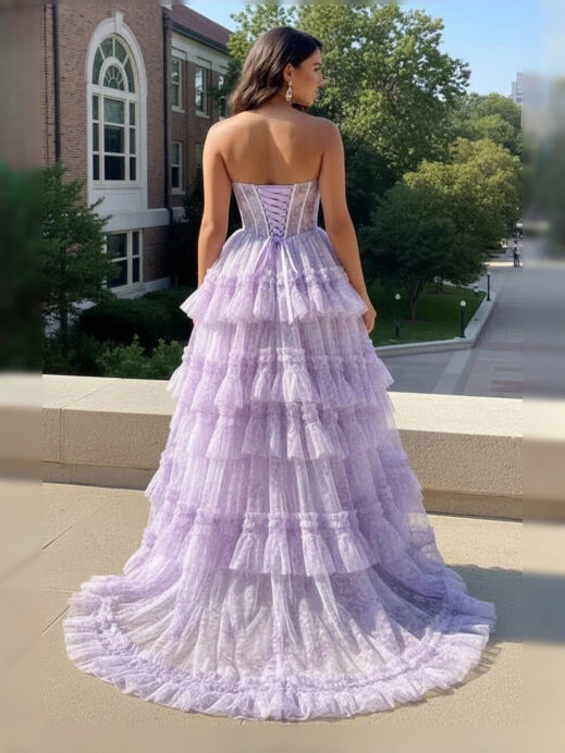 Lilac maxi prom dress, front view showing the ball-gown silhouette