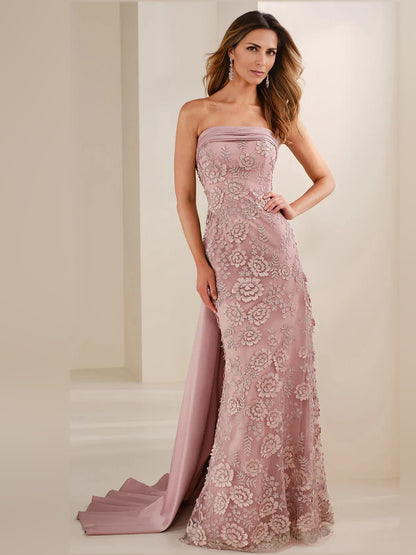 Dusty Rose mermaid floor-length formal dress with strapless neckline, full-length front view