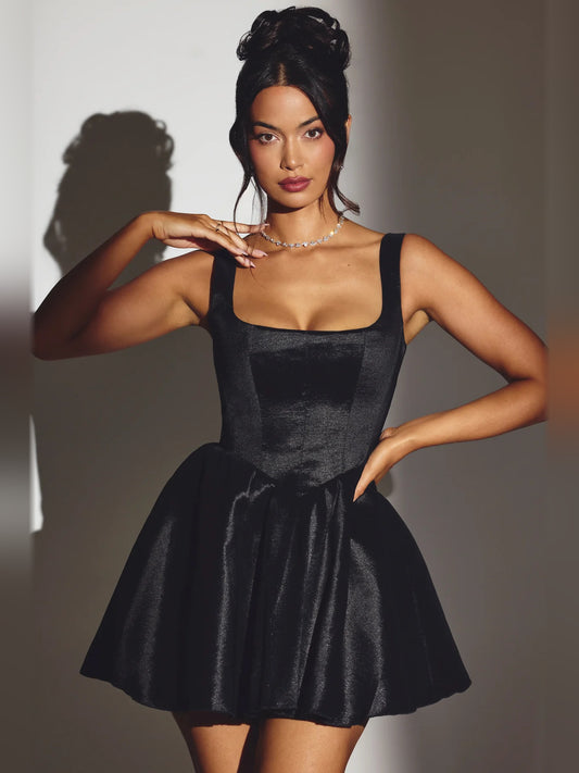 Black mini homecoming dress, front view showing the silhouette