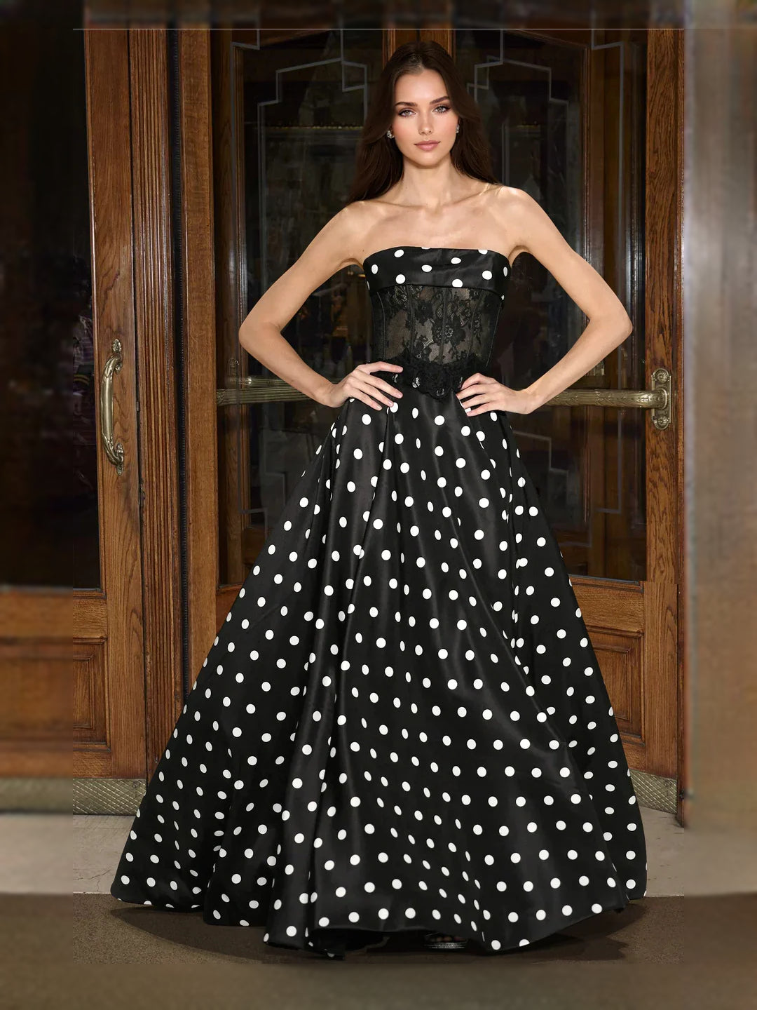 Black floor-length prom dress, front view showing the a-line silhouette