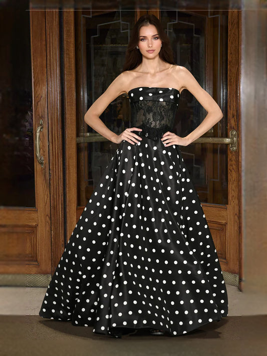 Black floor-length prom dress, front view showing the a-line silhouette