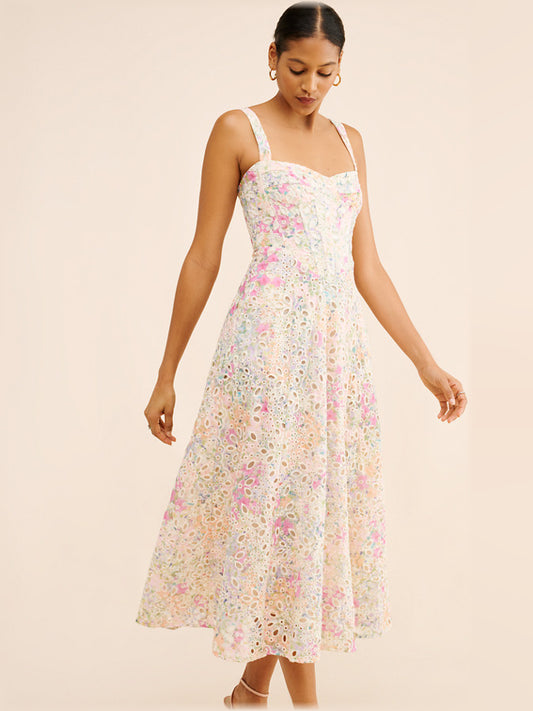 Orange midi formal dress with corset-style bodice, full-length front view