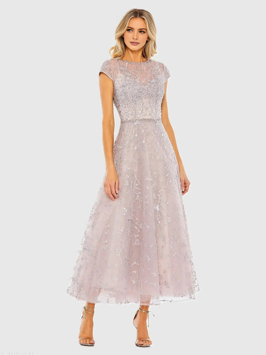 Dusty Rose tea-length mother of the bride dress, front view showing the a-line silhouette