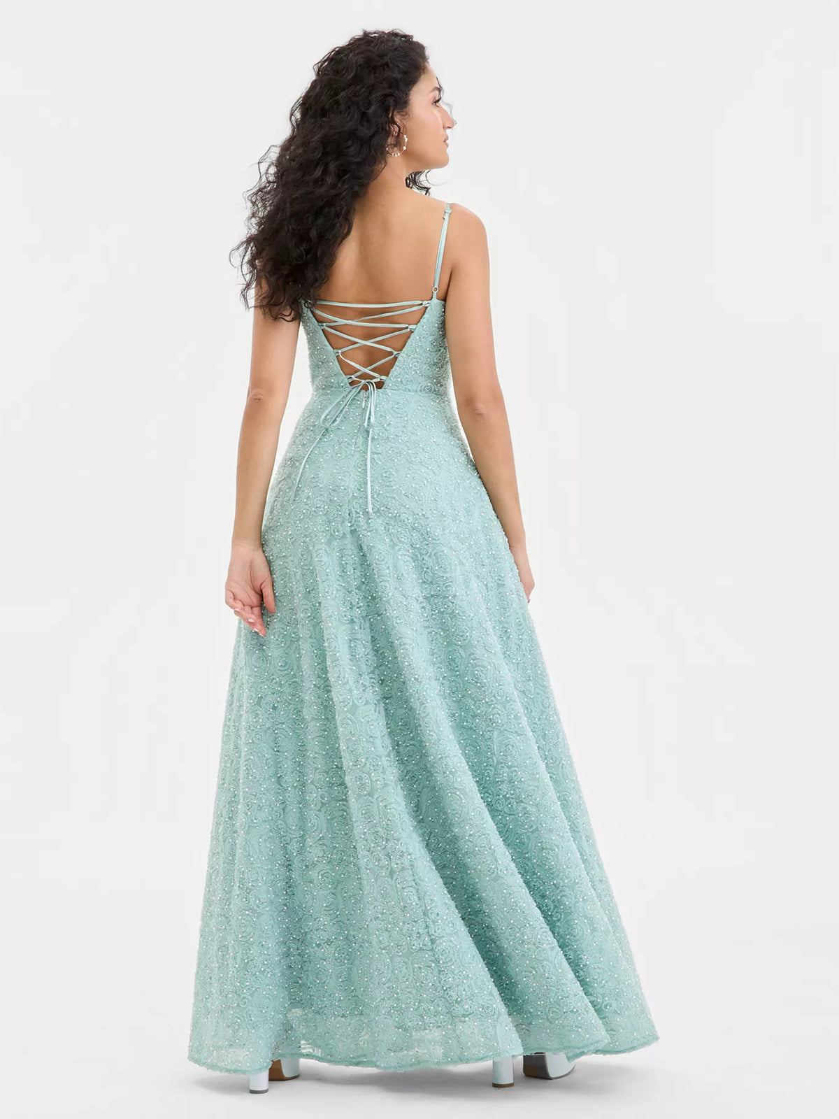 Mint Green maxi prom dress, front view showing the a-line silhouette