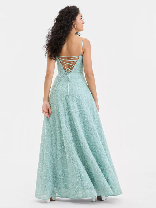 Mint Green maxi prom dress, front view showing the a-line silhouette