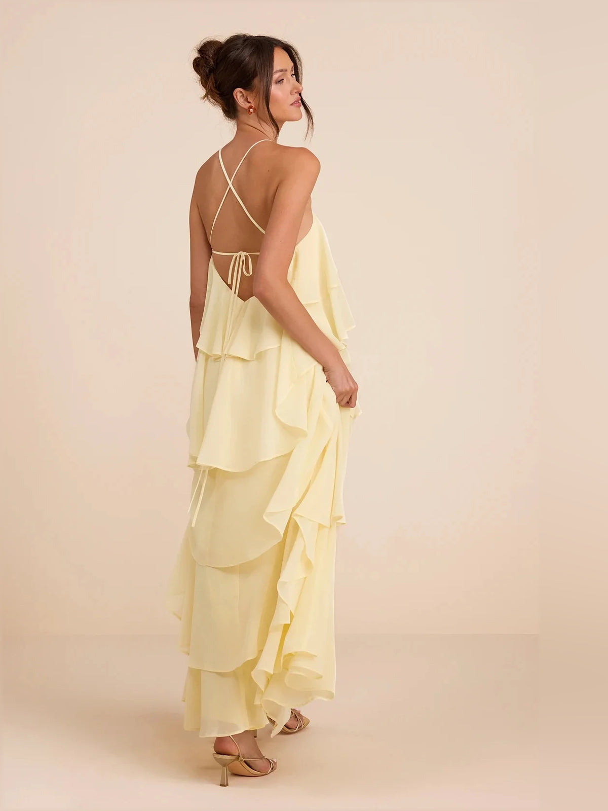Pale Lemon maxi bridesmaid dress, front view showing the a-line silhouette
