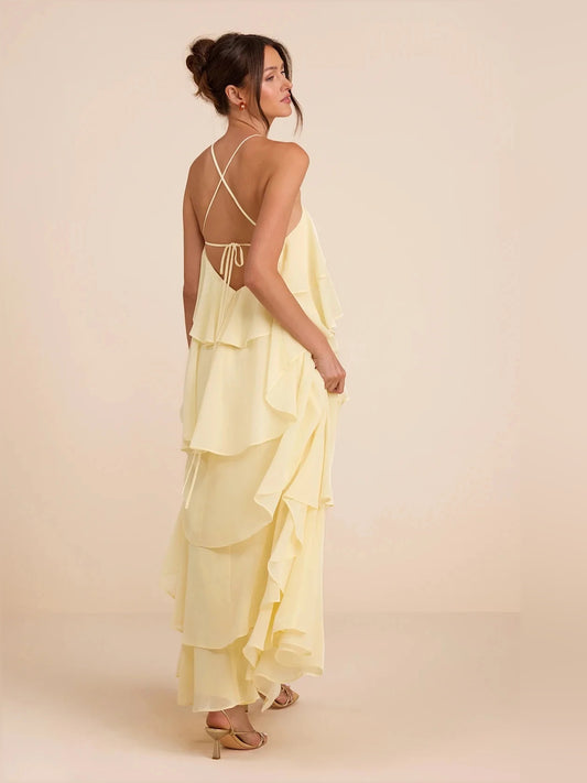 Pale Lemon maxi bridesmaid dress, front view showing the a-line silhouette