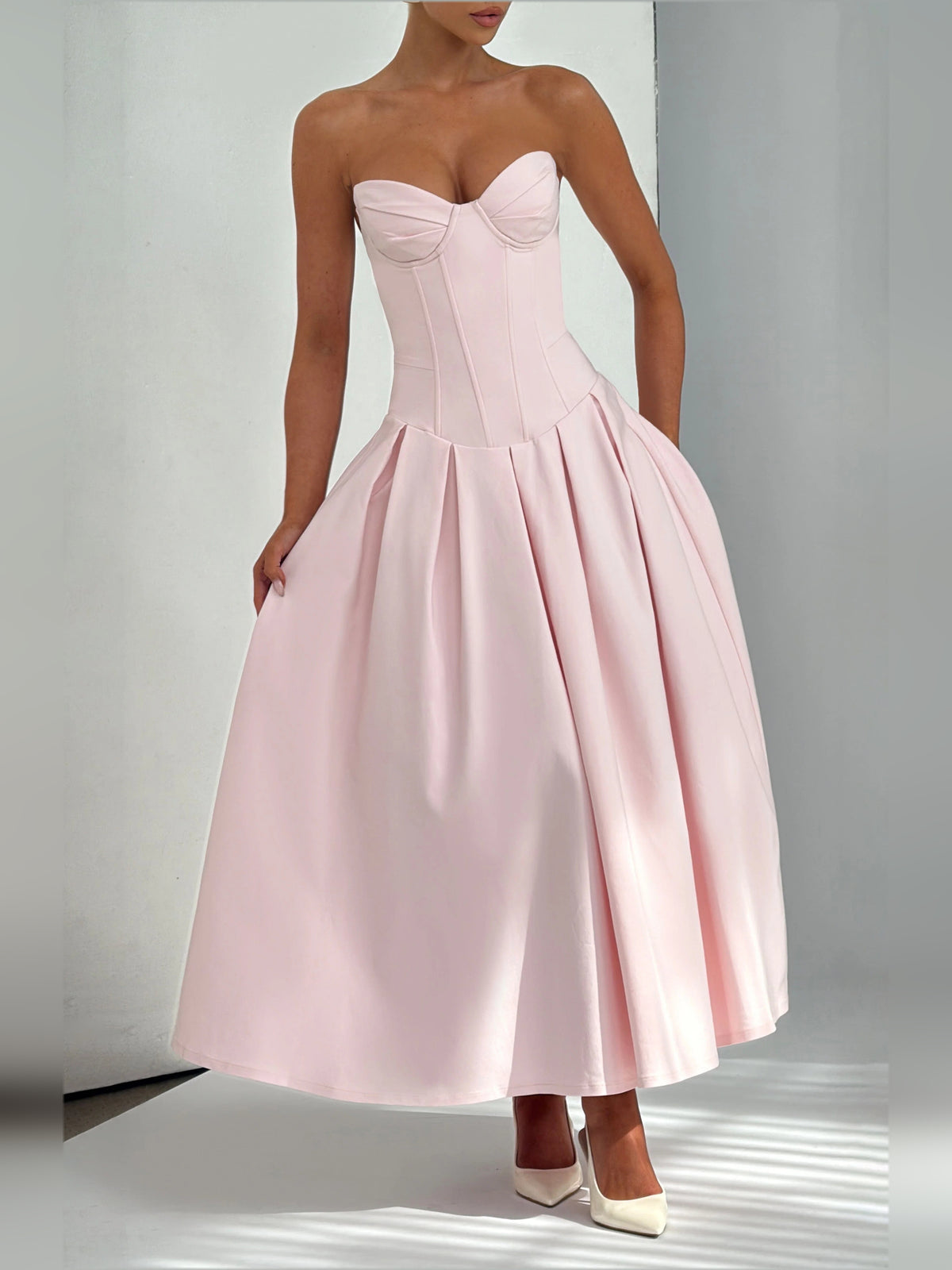 Blush midi formal dress, full-length front view