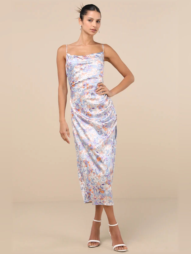 Floral midi formal dress with floral print, full-length front view