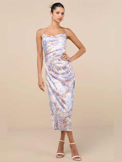 Floral midi formal dress with floral print, full-length front view