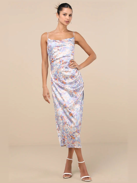 Floral midi formal dress with floral print, full-length front view