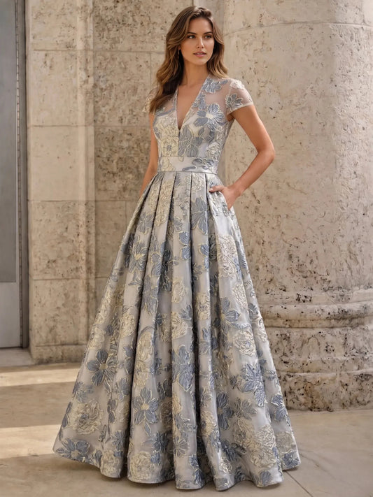 As Picture a-line floor-length formal dress with V-neckline, full-length front view