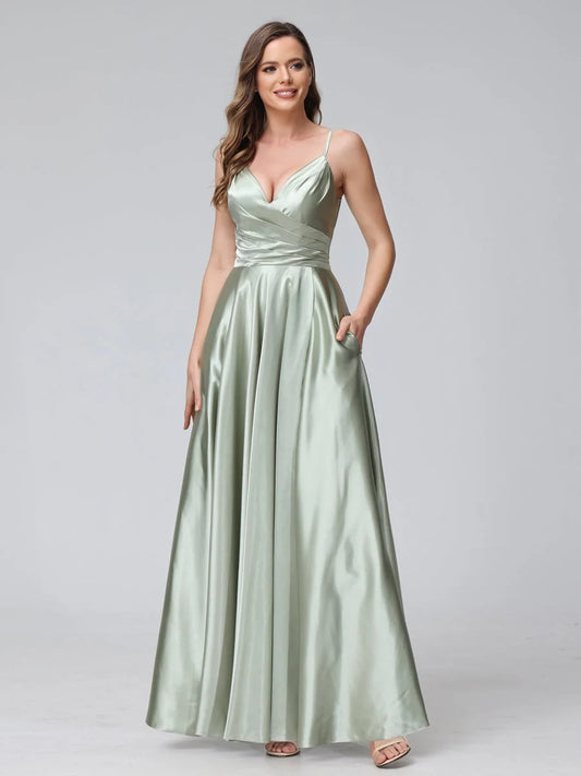 Dusty Sage ankle-length prom dress, front view showing the a-line silhouette