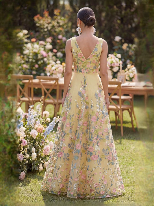 Yellow midi prom dress, front view showing the a-line silhouette