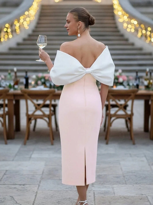 Blush Pink midi prom dress, front view showing the bodycon silhouette