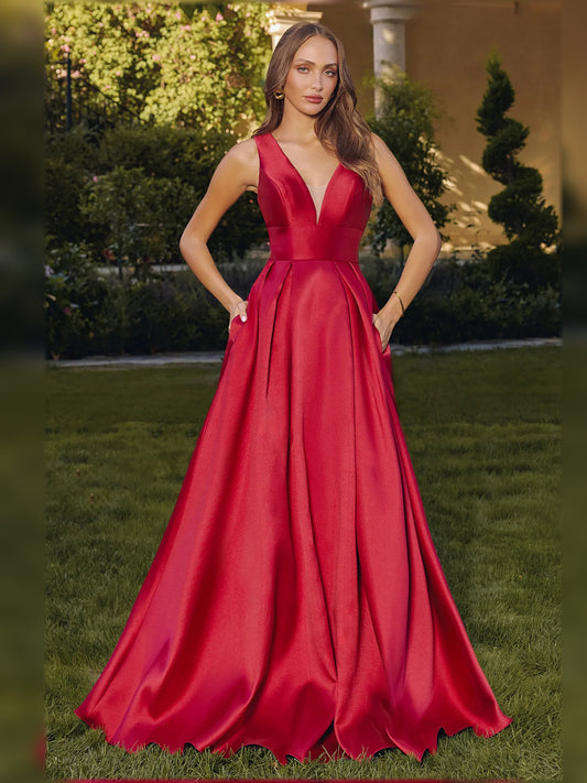 Crimson Red a-line floor-length formal dress with V-neckline, full-length front view