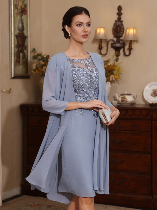 Dusty Blue knee-length mother of the bride dress, front view showing the sheath silhouette