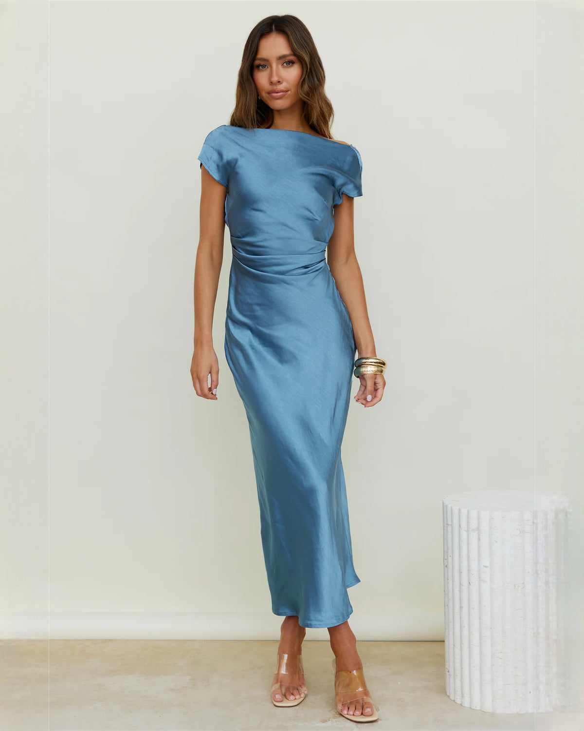 sleeveless satin a-line maxi bridesmaid dress - image 1