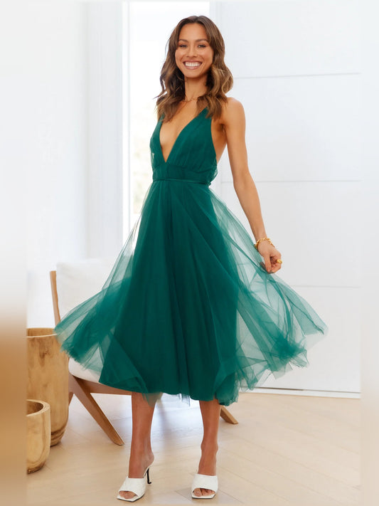 Forest Green midi formal dress, full-length front view