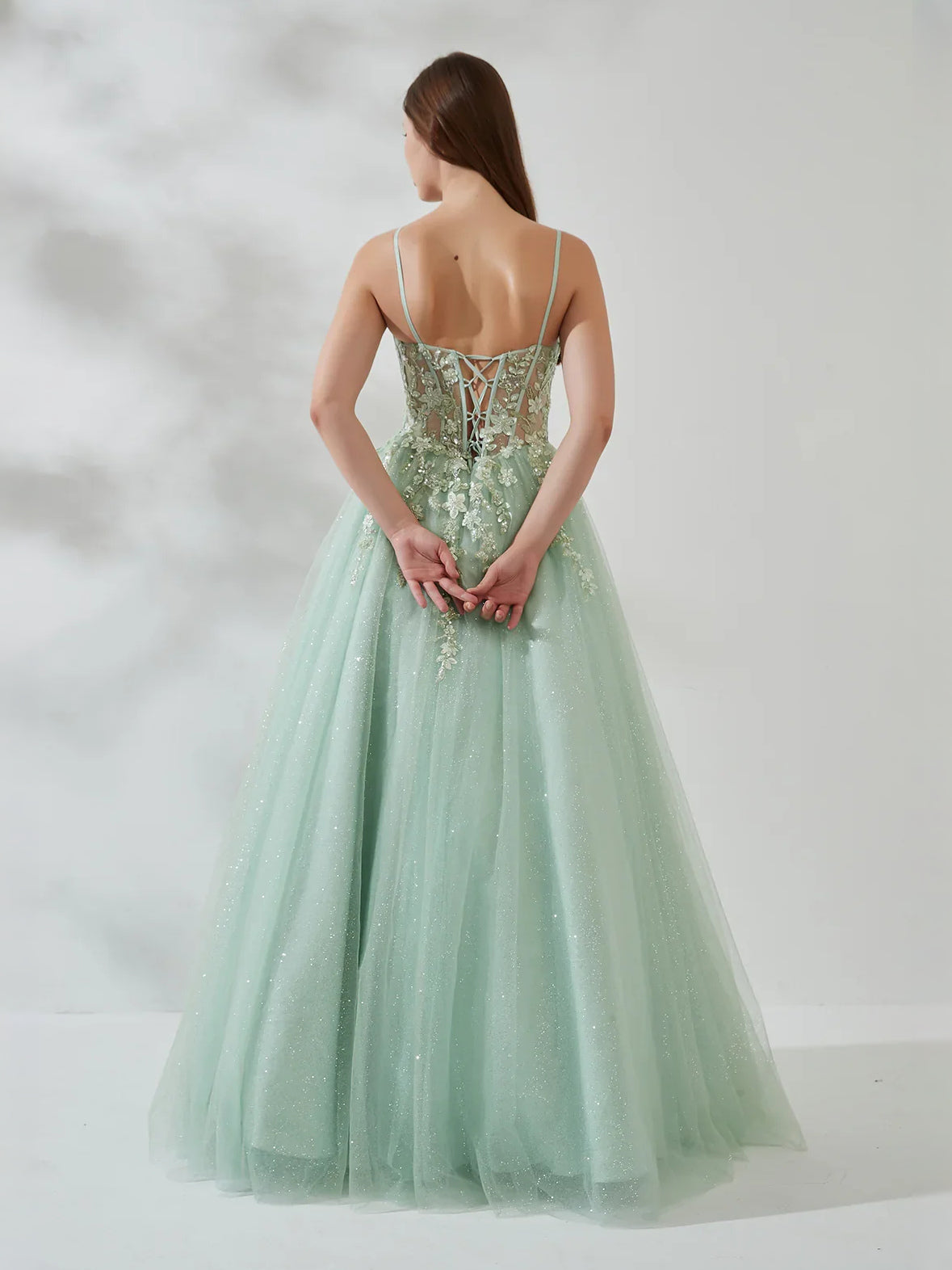 Mint Green floor-length prom dress, front view showing the a-line silhouette