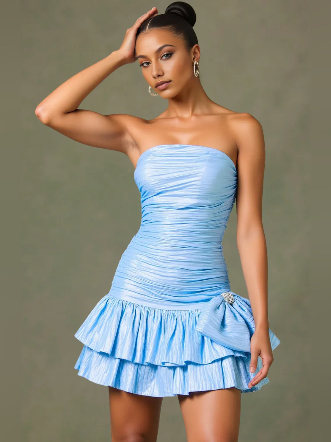 Light Blue mini homecoming dress, alternate view showing the full-length silhouette