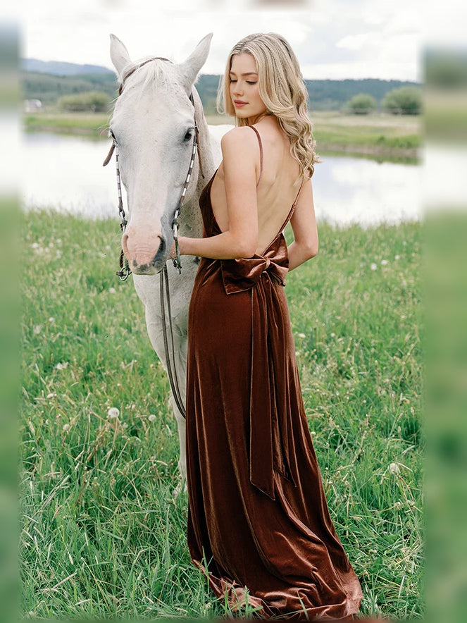 Brown floor-length bridesmaid dress, front view showing the a-line silhouette