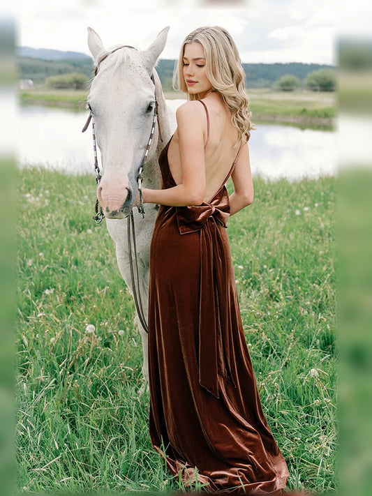 Brown floor-length bridesmaid dress, front view showing the a-line silhouette