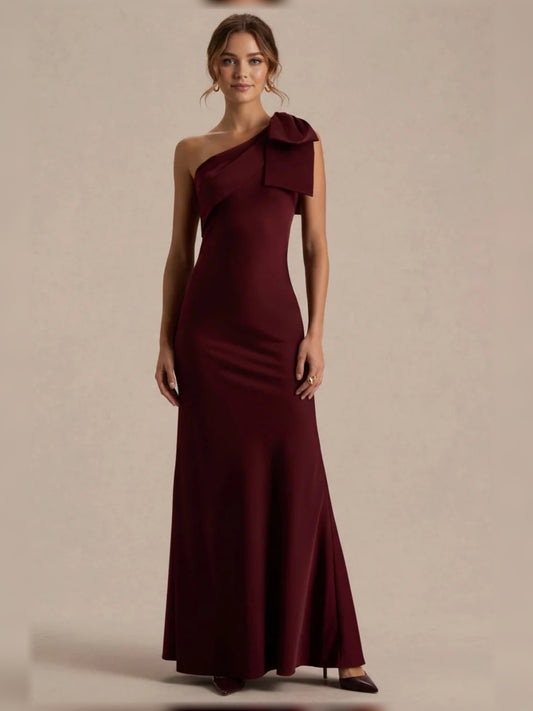 Burgundy ankle-length bridesmaid dress, front view showing the mermaid silhouette