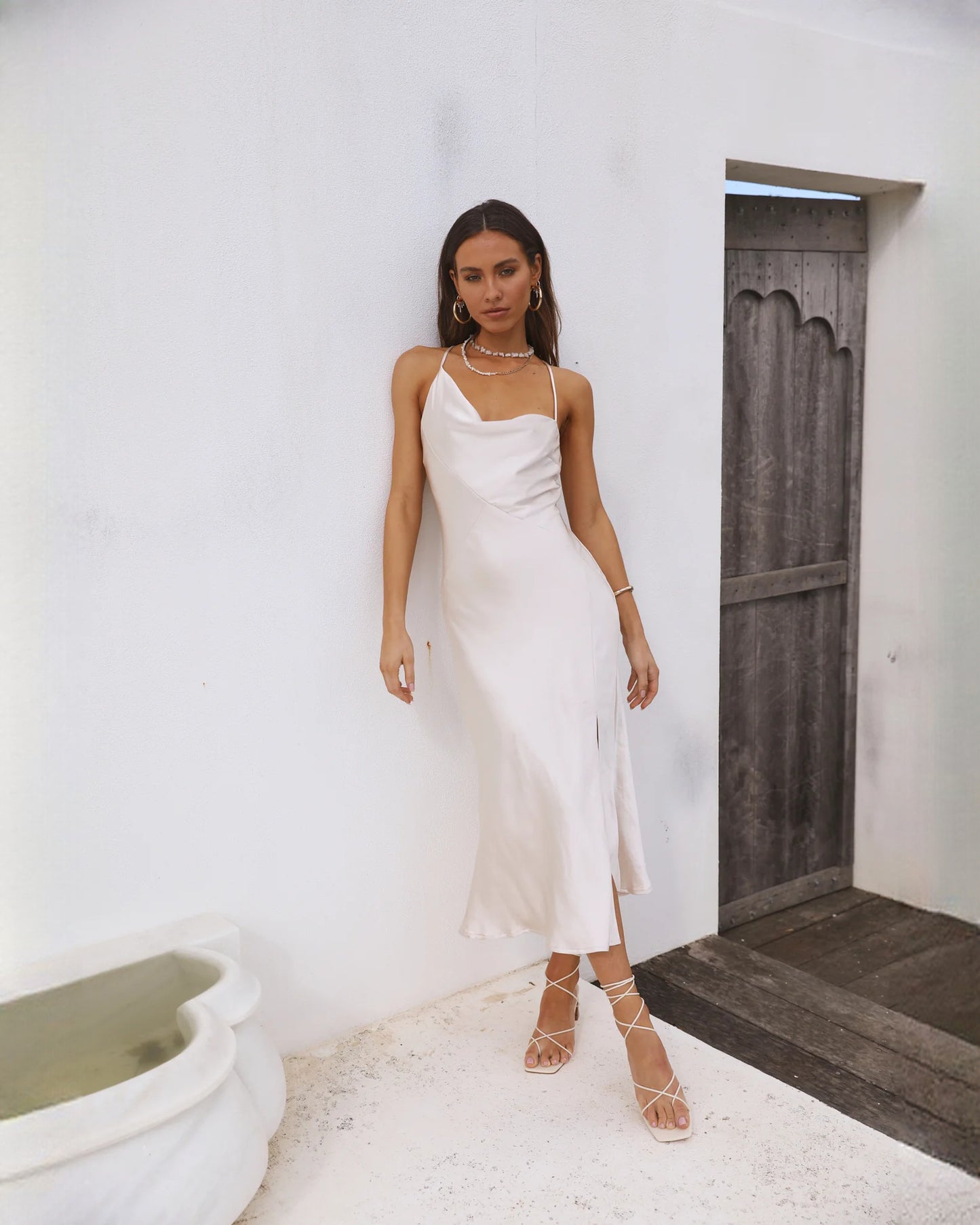 sleeveless satin a-line maxi bridesmaid dress - image 1