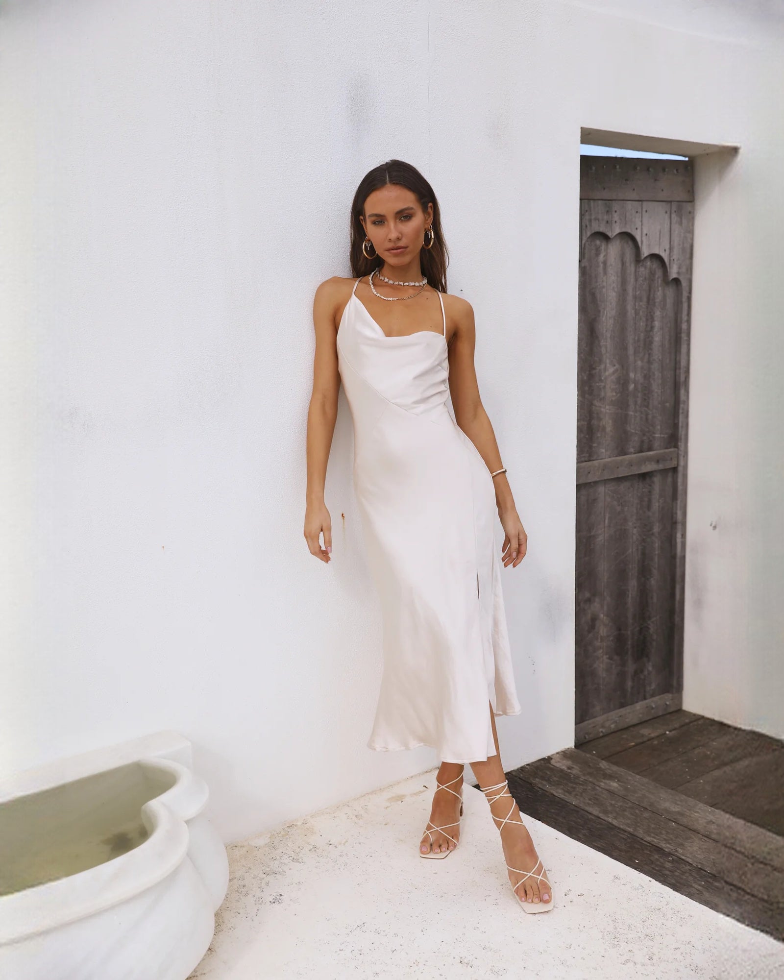 sleeveless satin a-line maxi bridesmaid dress - image 1