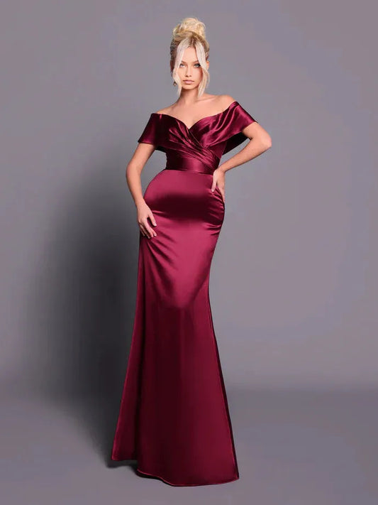 Burgundy a-line floor-length formal dress with off-the-shoulder neckline, full-length front view