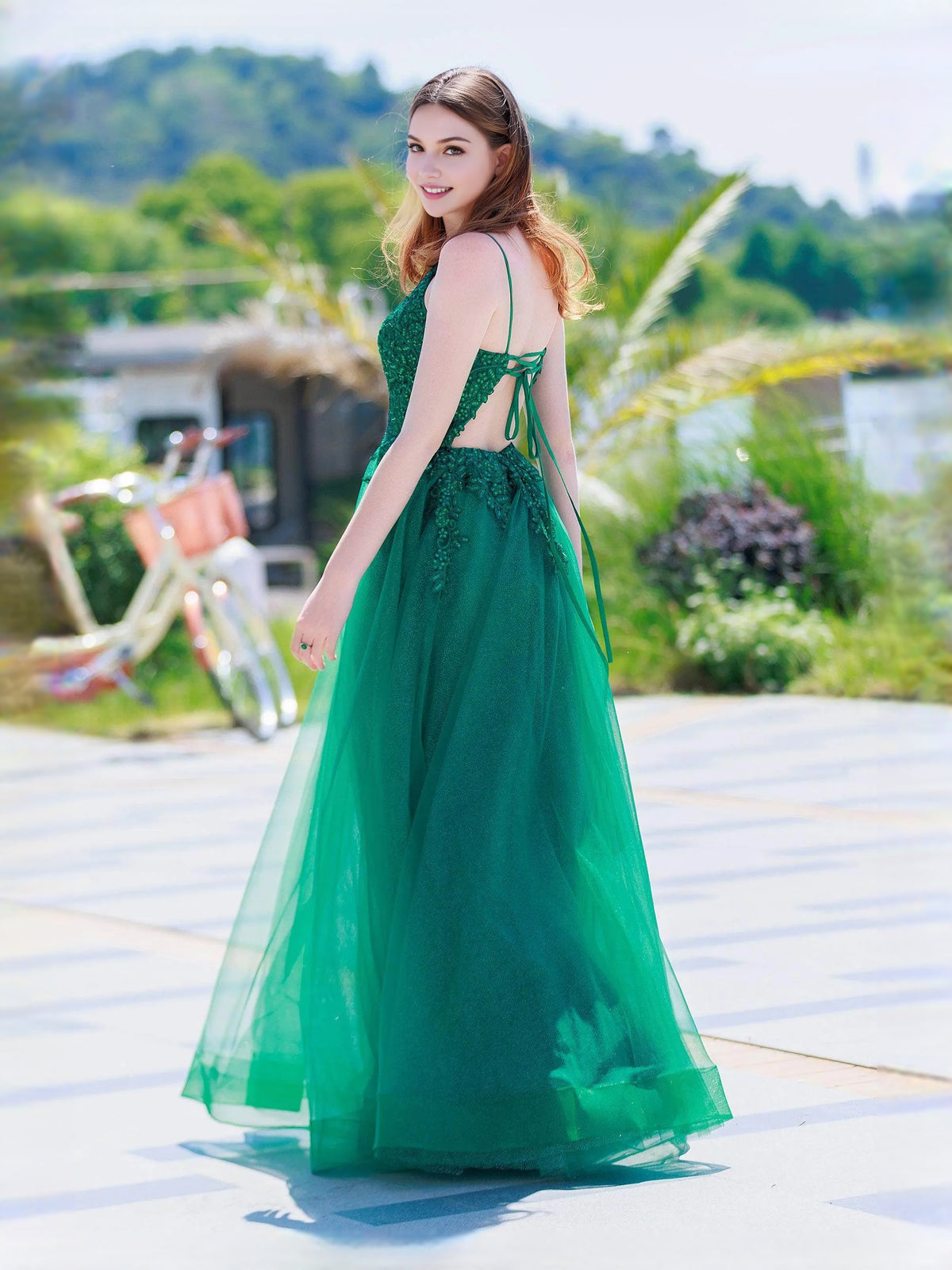Emerald Green floor-length prom dress, front view showing the a-line silhouette
