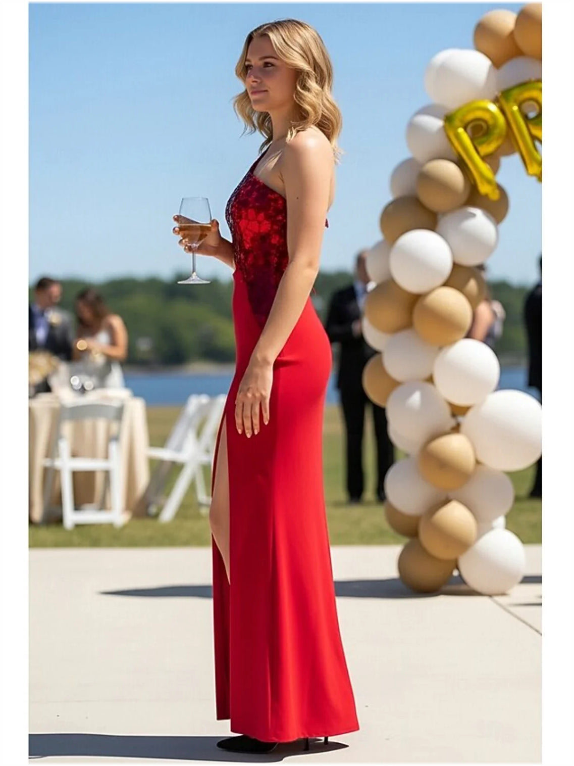 Red floor-length prom dress, front view showing the sheath silhouette
