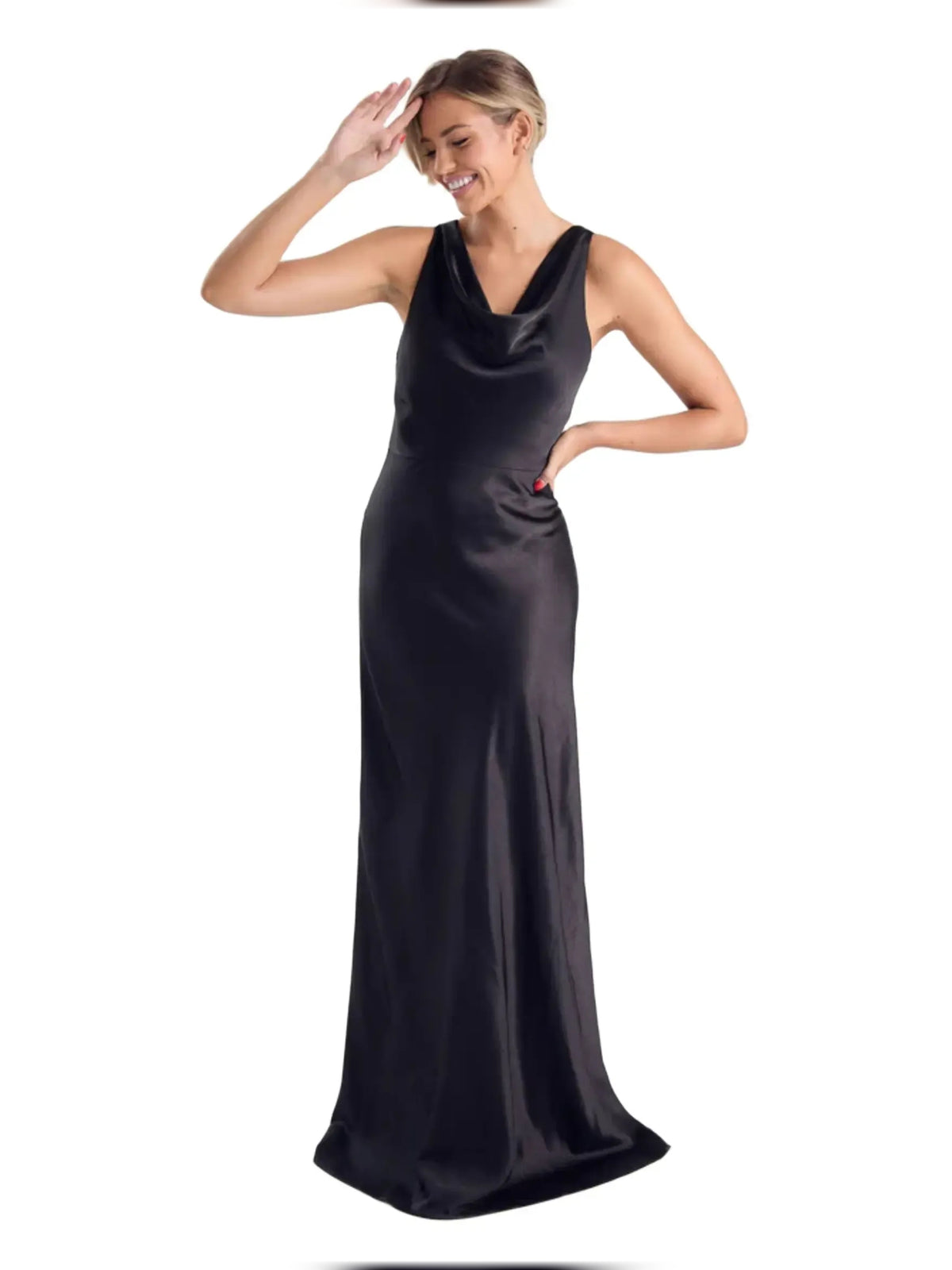 Black sheath floor-length formal dress with cowl neckline, full-length front view