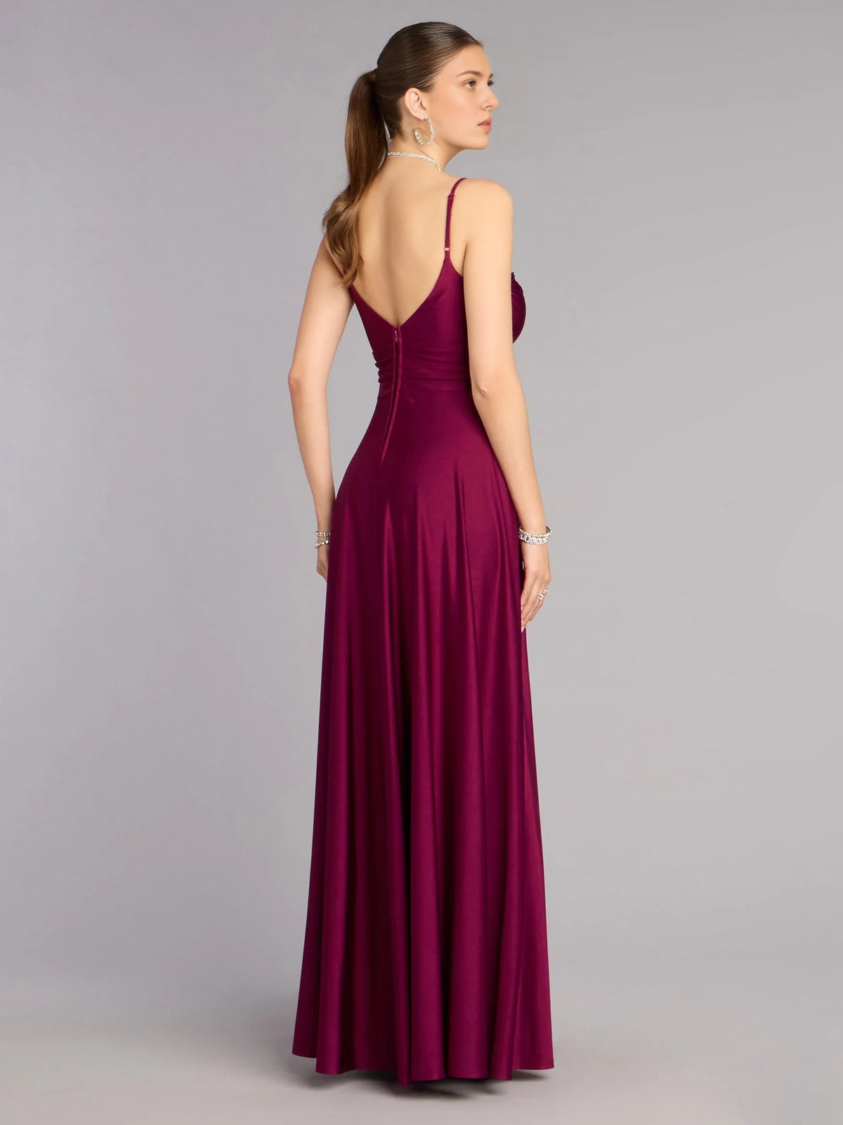 Burgundy maxi prom dress, front view showing the a-line silhouette