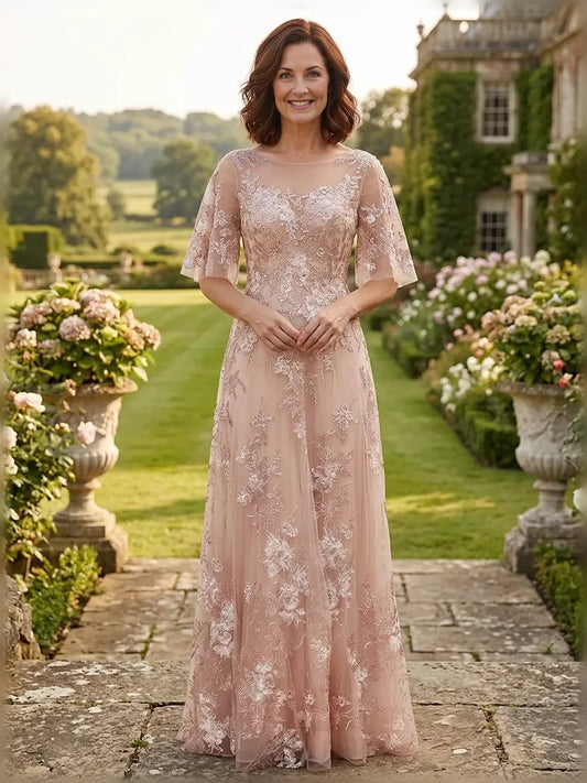 Pearl Pink floor-length mother of the bride dress, front view showing the a-line silhouette