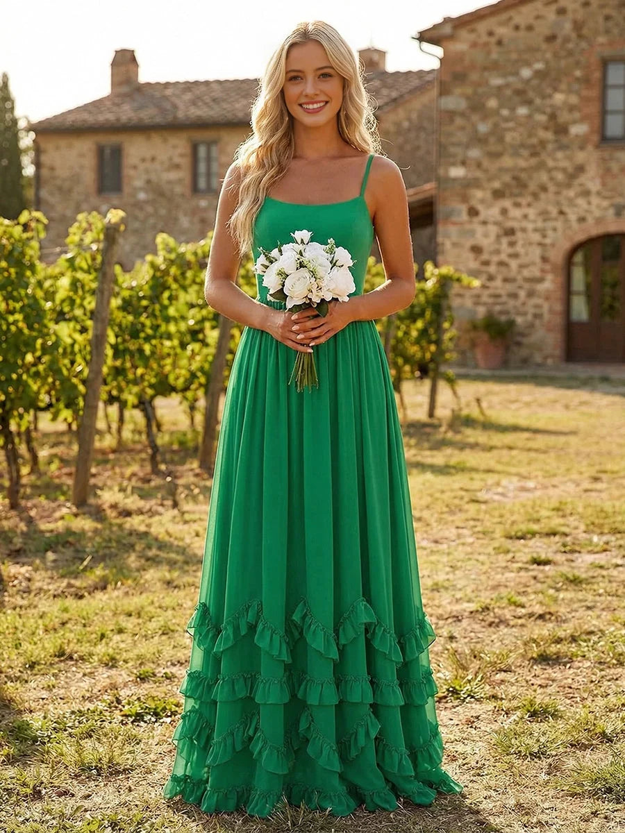 Forest Green floor-length bridesmaid dress, front view showing the a-line silhouette
