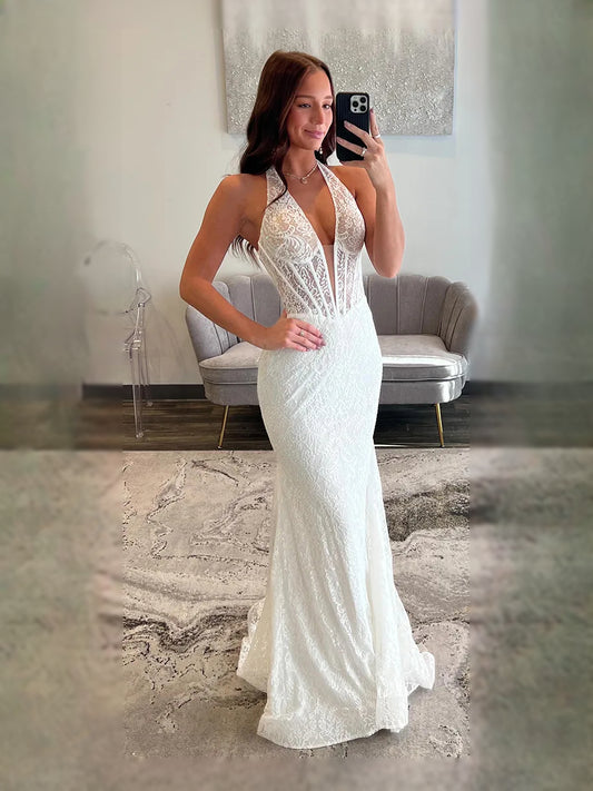 White maxi prom dress, front view showing the mermaid silhouette