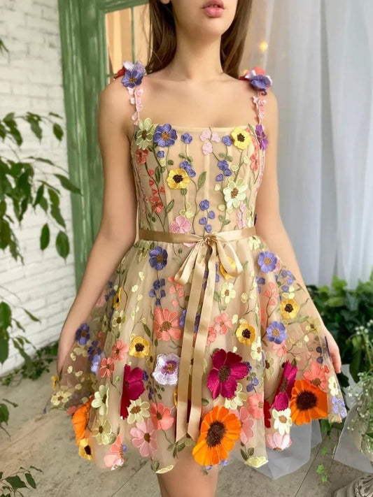 Beige mini homecoming dress, alternate view showing the full-length silhouette