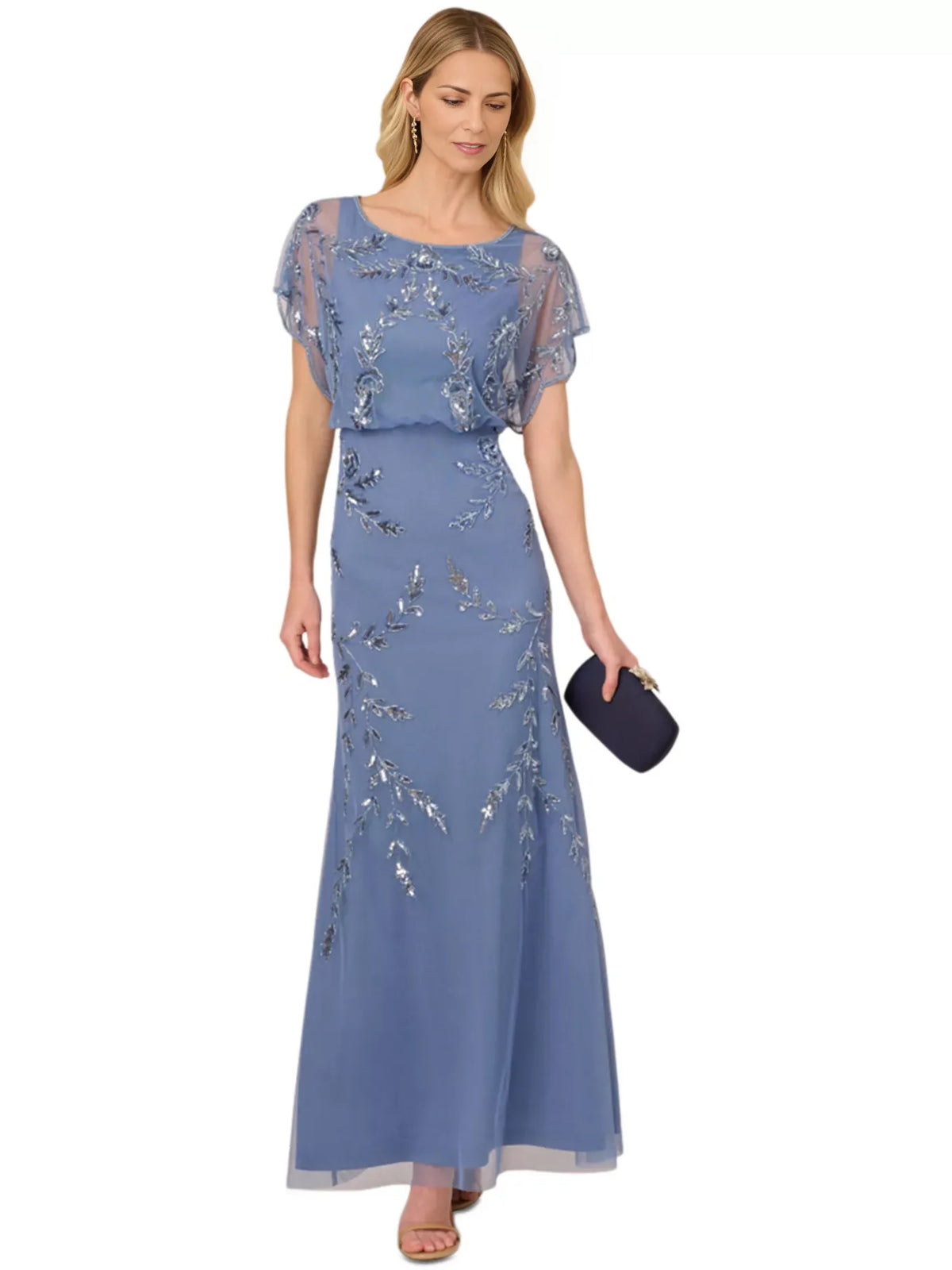 Dusty Blue maxi mother of the bride dress, front view showing the sheath silhouette