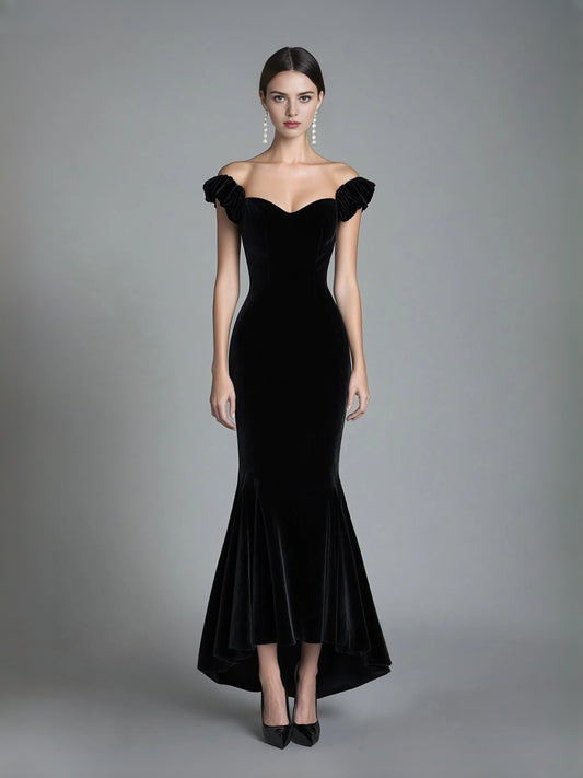 Black high-low prom dress, front view showing the mermaid silhouette