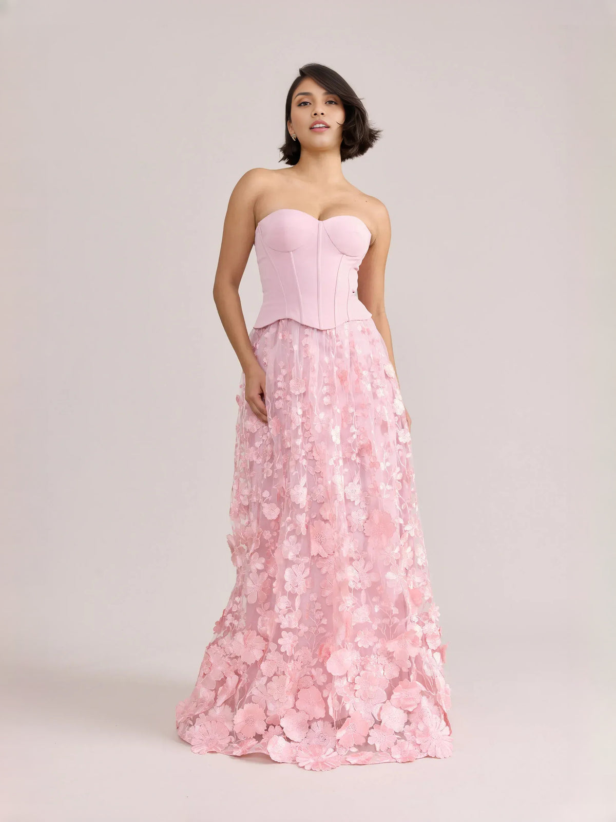 Light Pink floor-length prom dress, front view showing the a-line silhouette