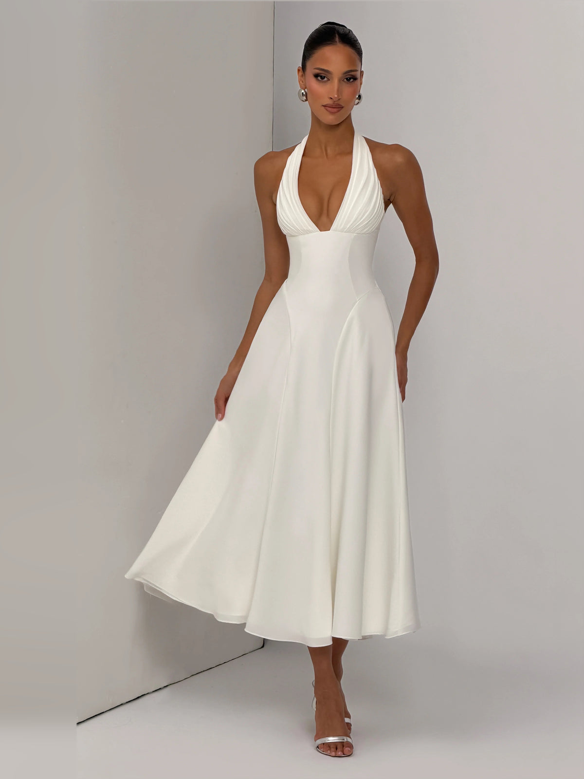 Ivory midi formal dress, full-length front view