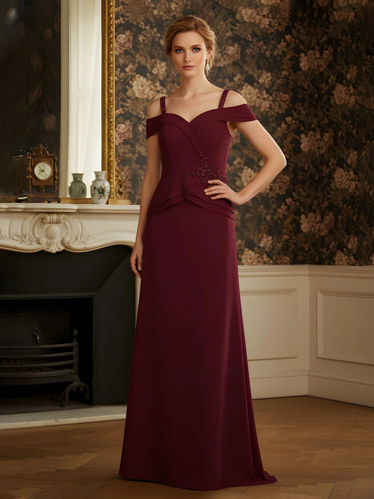 Burgundy floor-length mother of the bride dress, front view showing the a-line silhouette