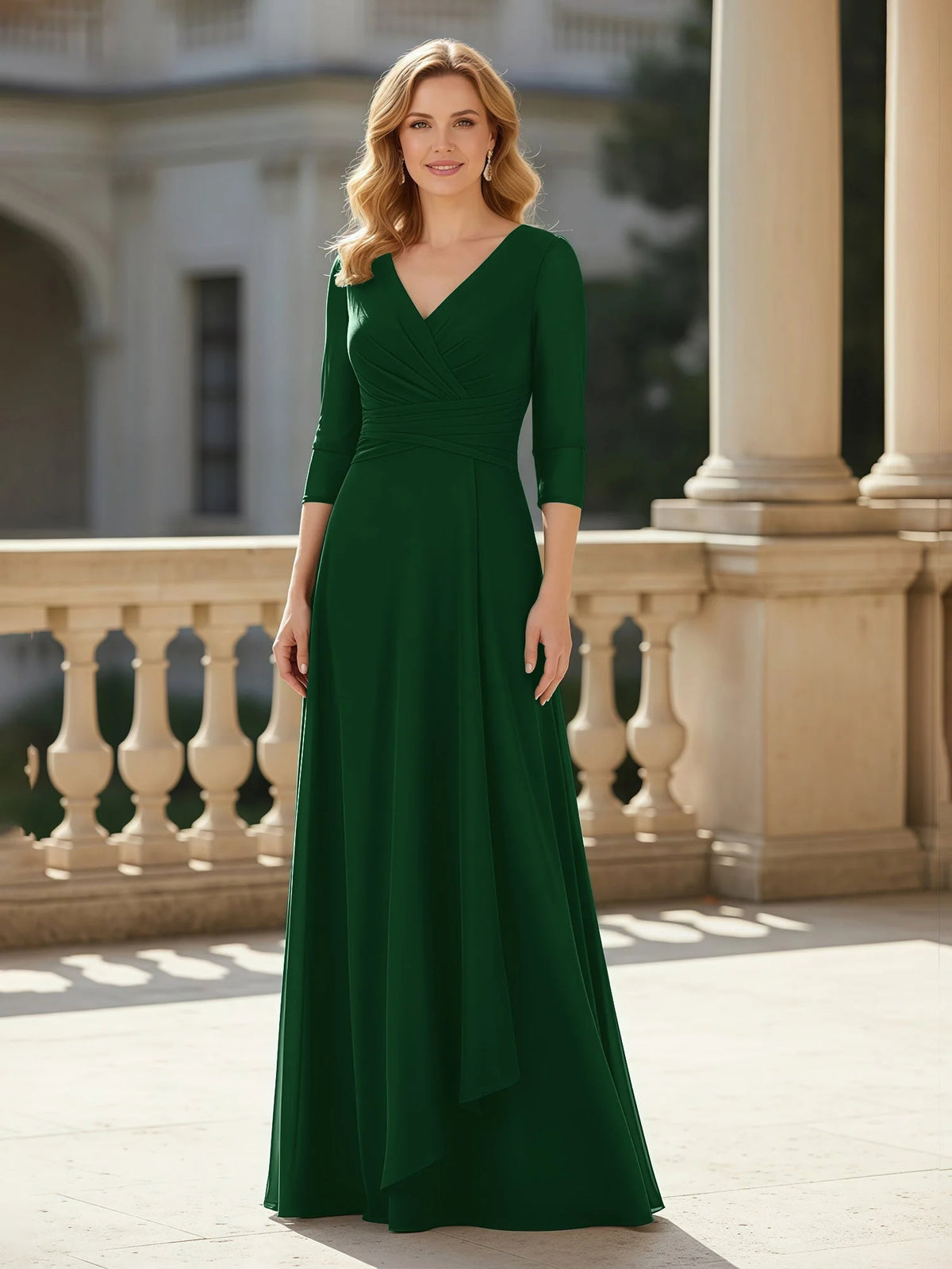 Dark Green floor-length mother of the bride dress, front view showing the a-line silhouette