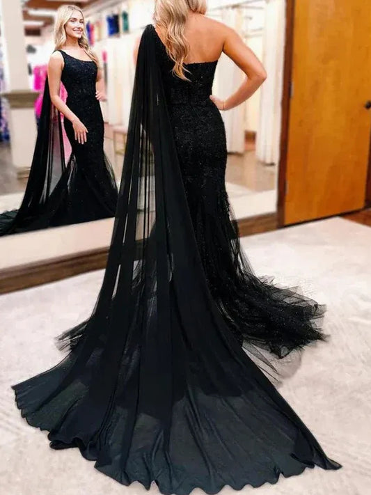 Black maxi prom dress, front view showing the mermaid silhouette