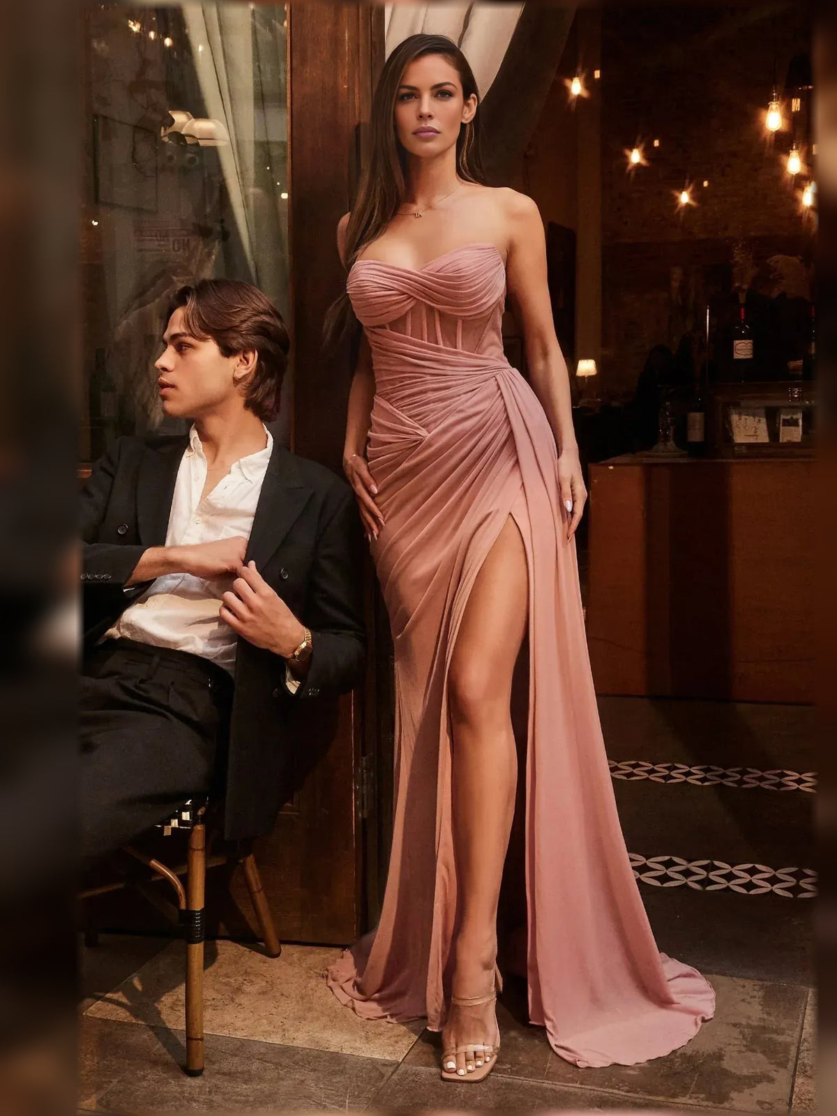 Peach mermaid floor-length formal dress with strapless neckline, full-length front view
