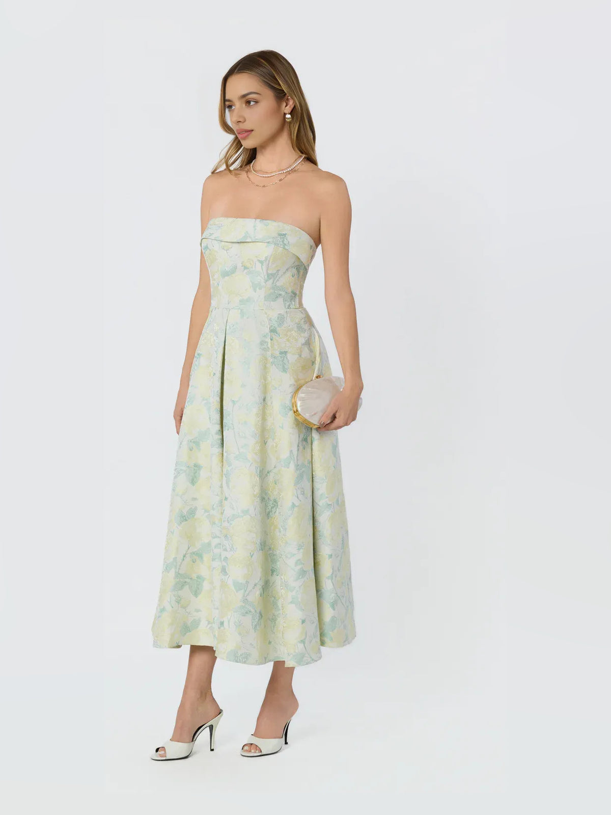 As Picture midi prom dress, front view showing the a-line silhouette