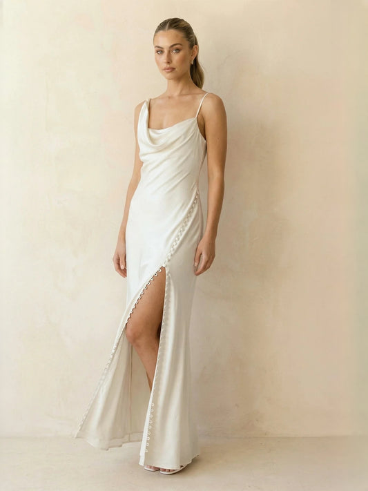 Ivory maxi bridesmaid dress, front view showing the mermaid silhouette