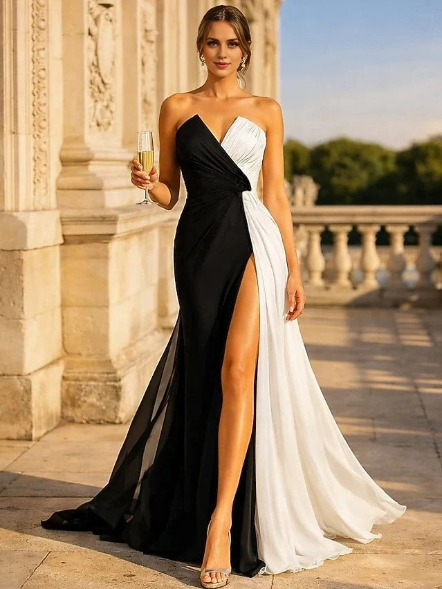White & Black maxi prom dress, front view showing the mermaid silhouette